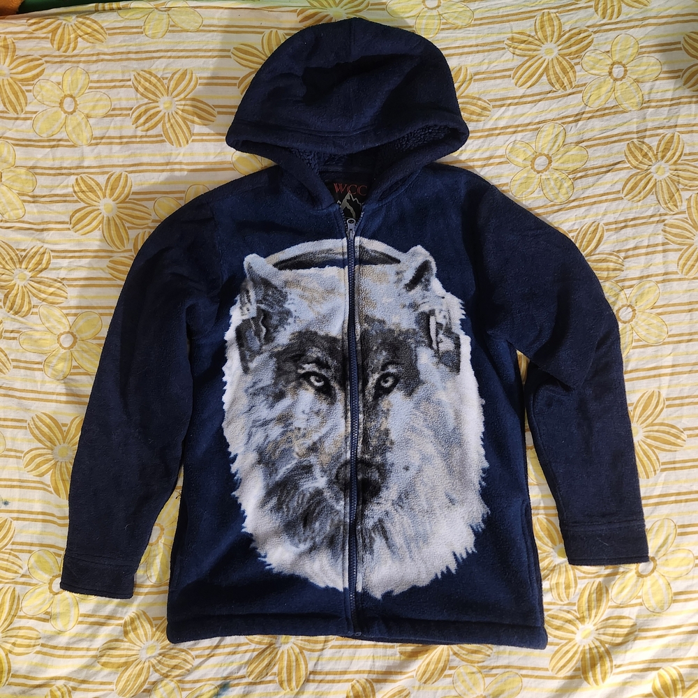 Navy Fuzzy Hoodie with Wolf Graphic
